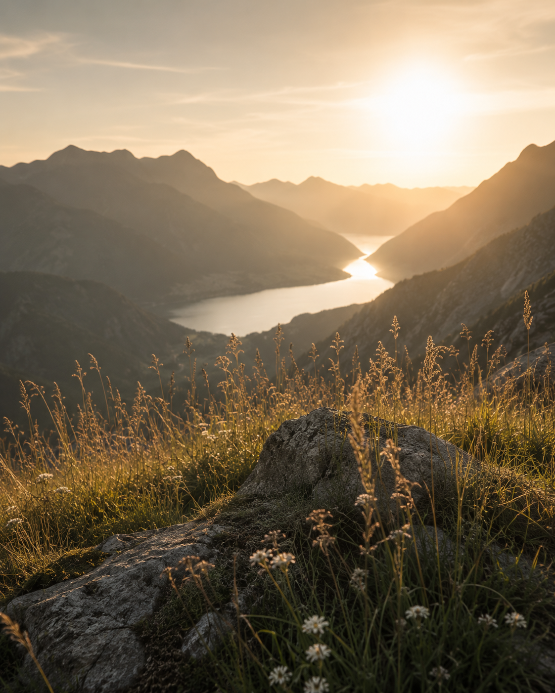 Bergpanorama mit See im Sonnenuntergang