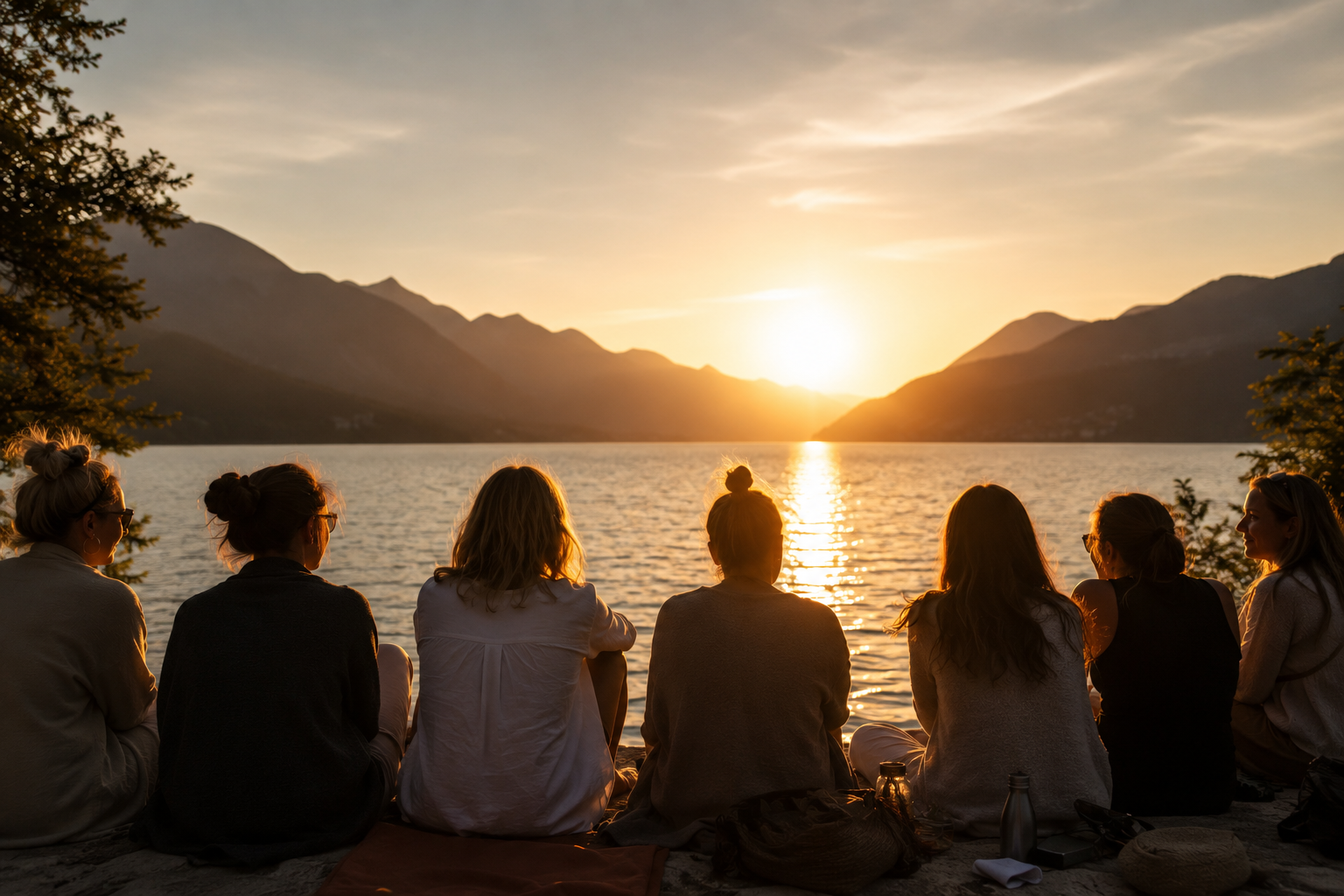 Gruppe von Frauen am Bergsee bei Sonnenuntergang