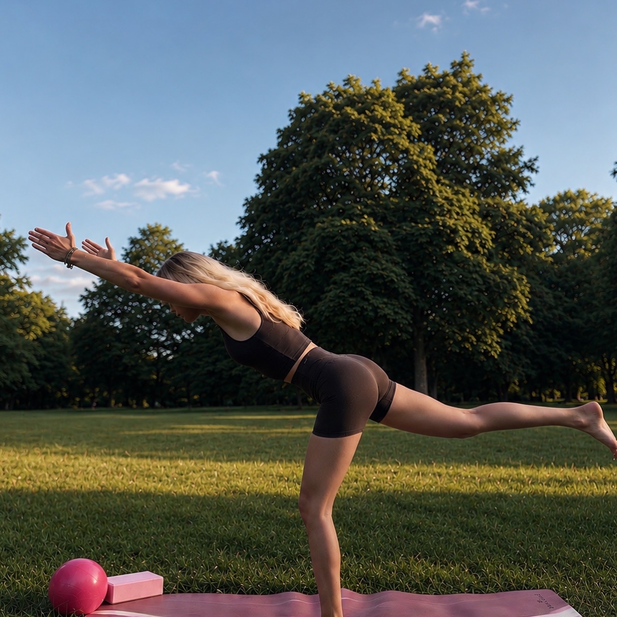Pilates Standwaage im Park bei Sonnenuntergang
