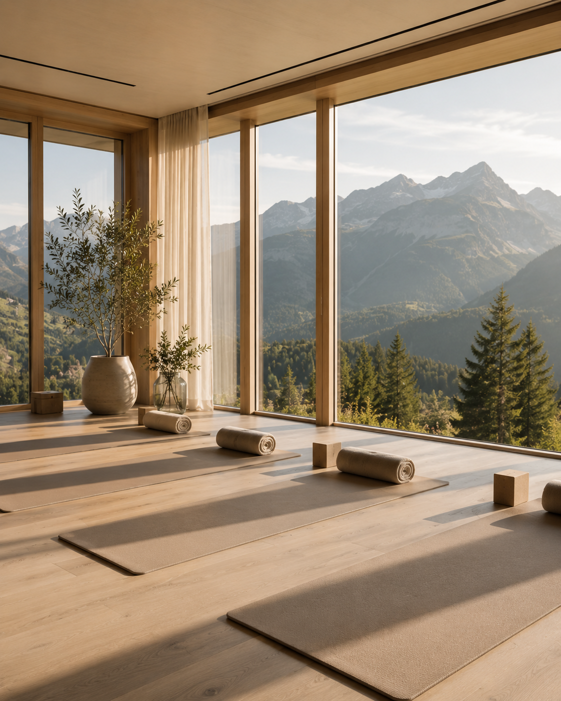 Heller Pilates-Raum mit Panoramablick auf die Alpen